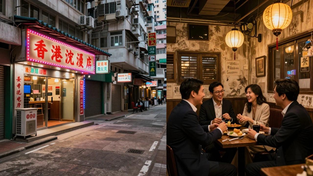 对比图：一边是浮夸的游客陷阱酒吧，一边是温馨的本地人聚集酒吧